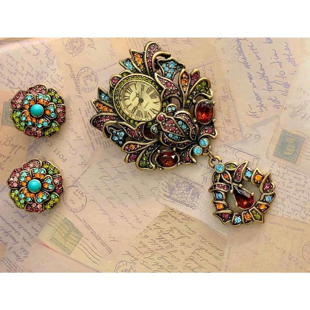 Authentic Heidi Daus Watch Brooch & Clip On Earrings Set Multi Color Rhinestone